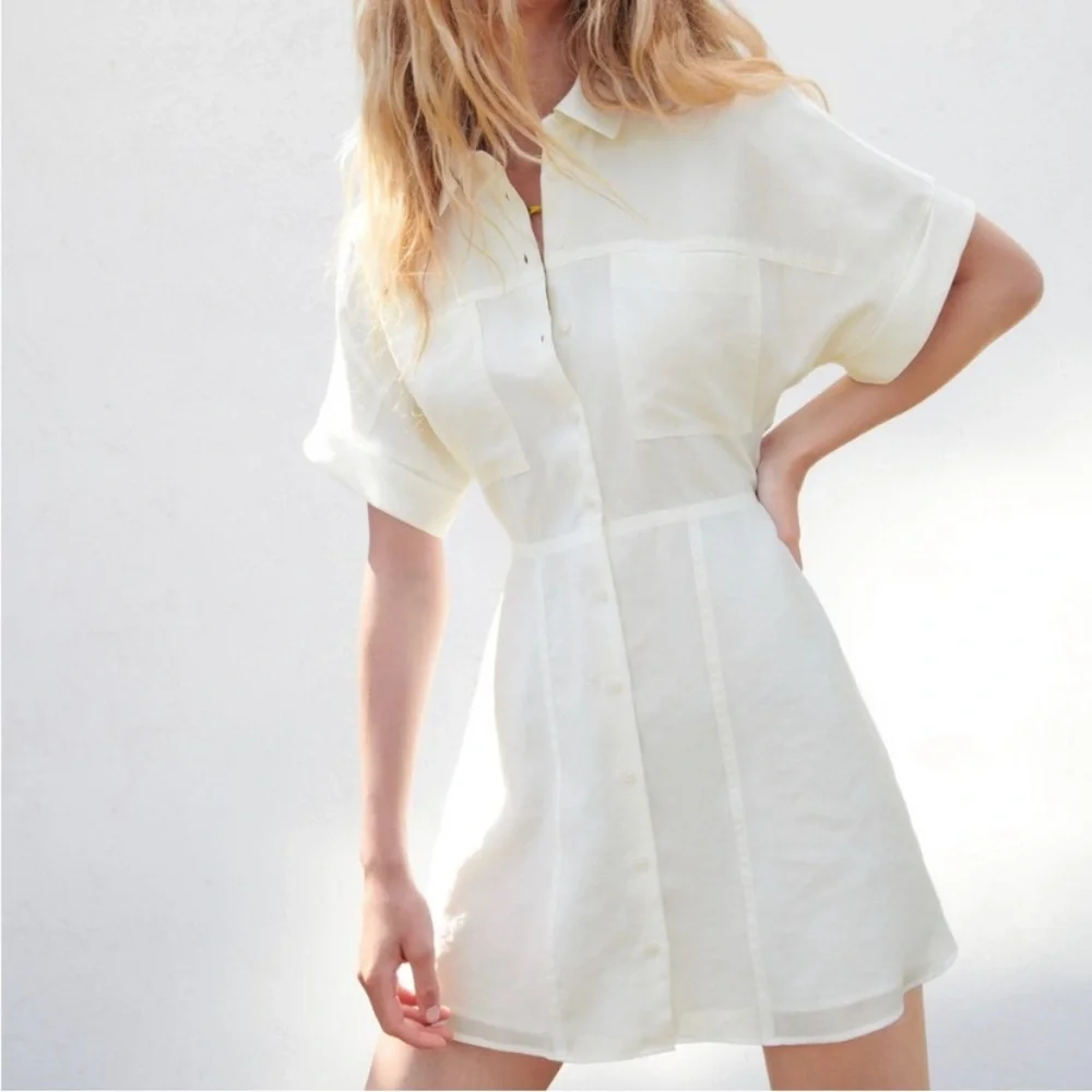 Zara • NWT Ivory Short Sleeve Button Up A-Line Shirt Dress